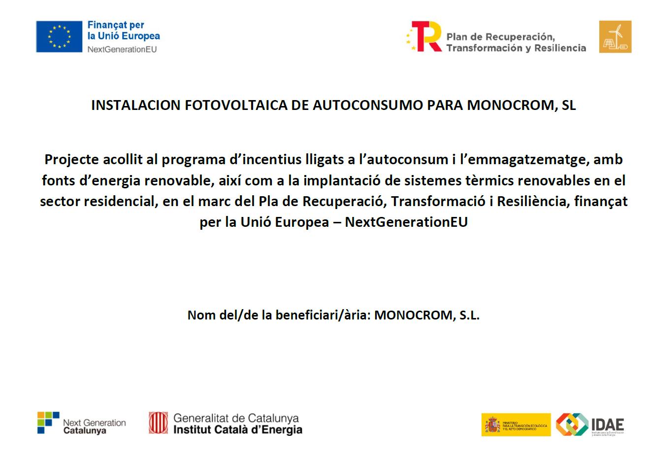 Photovoltaic self-consumption installation for monocrom, sl
